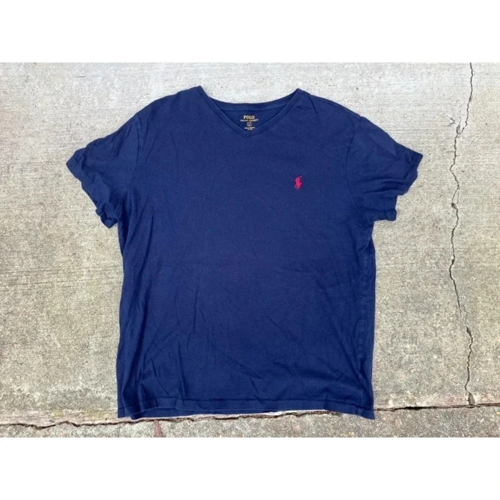 Polo Ralph Lauren T-Shirt Men's L Navy Red Short Sleeve V Neck Pony Cotton Vtg